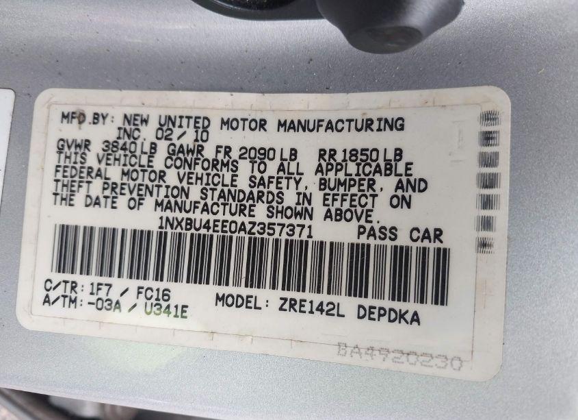 Photo 9 of 2010 Toyota Corolla LE (VIN 1NXBU4EE0AZ357371)