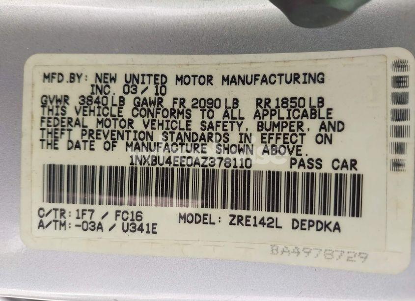 Photo 9 of 2010 Toyota Corolla LE (VIN 1NXBU4EE0AZ378110)