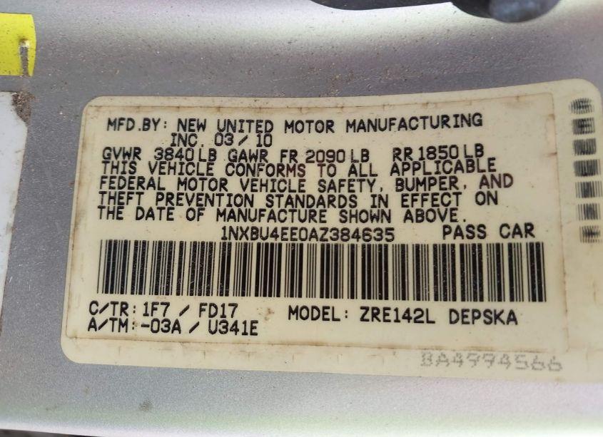 Photo 9 of 2010 Toyota Corolla S (VIN 1NXBU4EE0AZ384635)