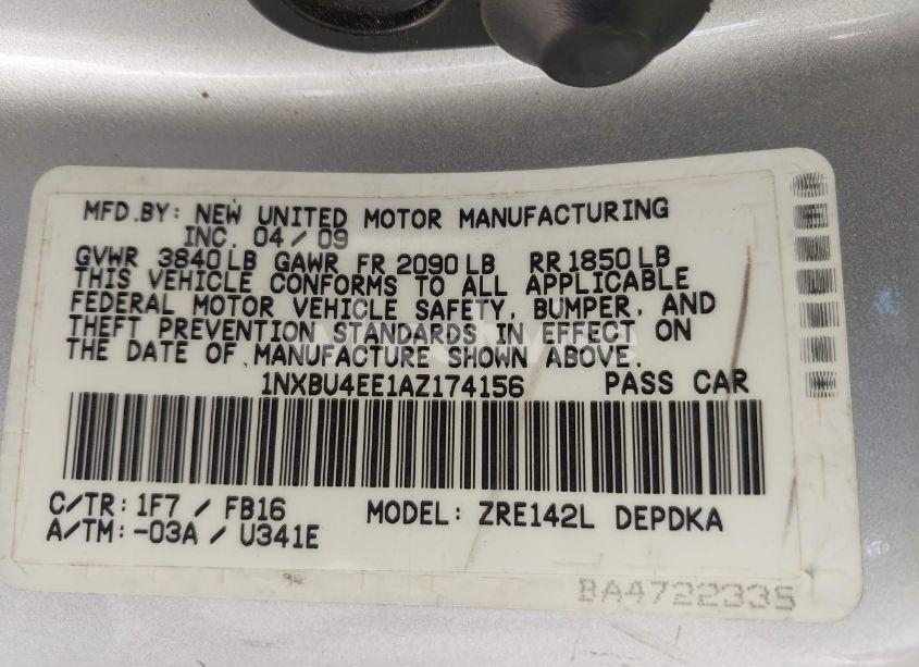 Photo 9 of 2010 Toyota Corolla BASE (A4) (VIN 1NXBU4EE1AZ174156)