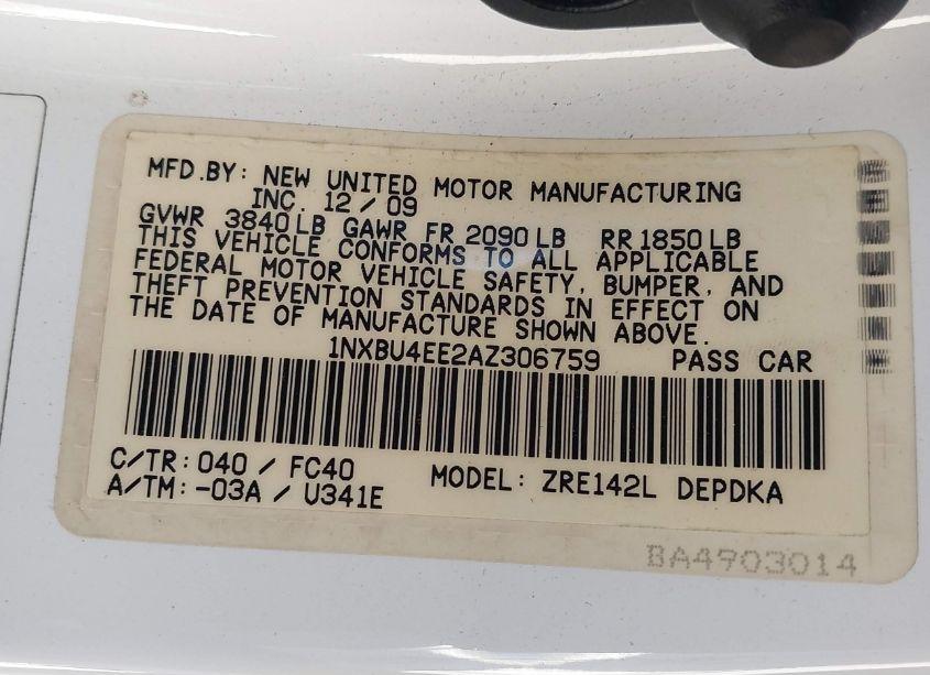 Photo 9 of 2010 Toyota Corolla LE (VIN 1NXBU4EE2AZ306759)