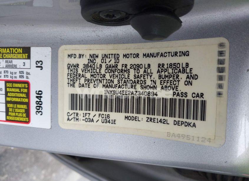Photo 9 of 2010 Toyota Corolla LE (VIN 1NXBU4EE2AZ340894)
