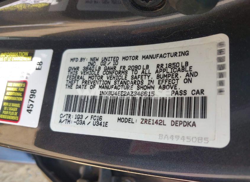 Photo 9 of 2010 Toyota Corolla LE (VIN 1NXBU4EE2AZ346615)