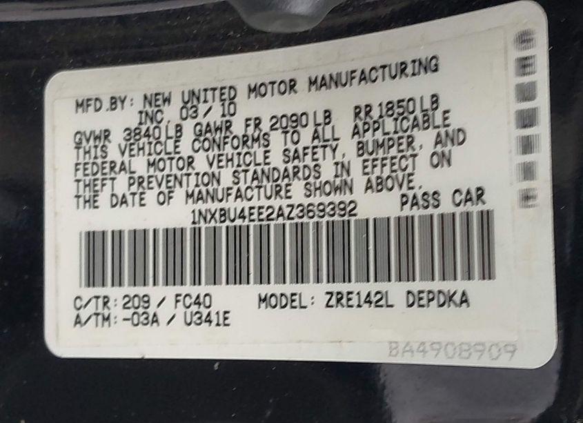 Photo 9 of 2010 Toyota Corolla LE (VIN 1NXBU4EE2AZ369392)