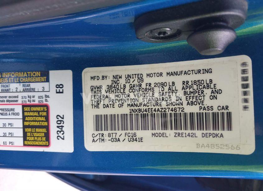 Photo 9 of 2010 Toyota Corolla LE (VIN 1NXBU4EE4AZ274672)