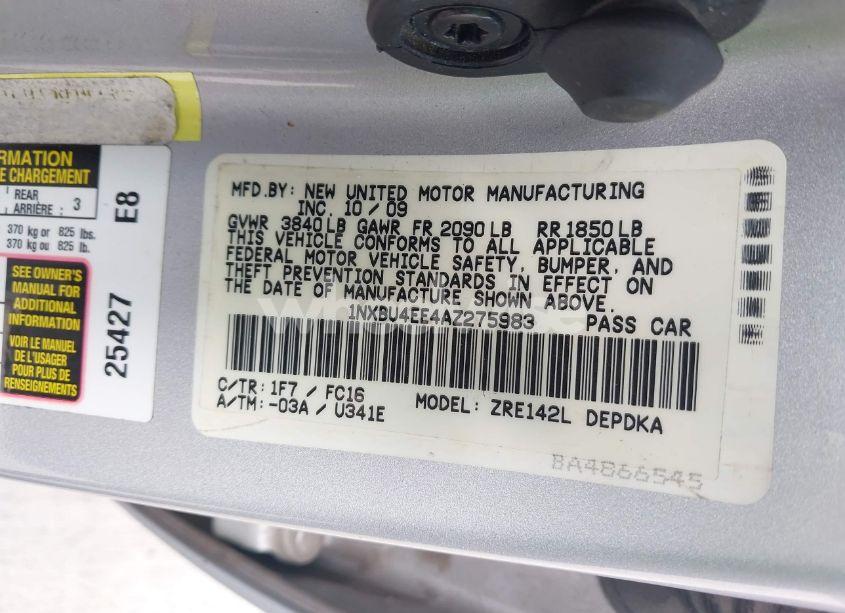 Photo 9 of 2010 Toyota Corolla LE (VIN 1NXBU4EE4AZ275983)