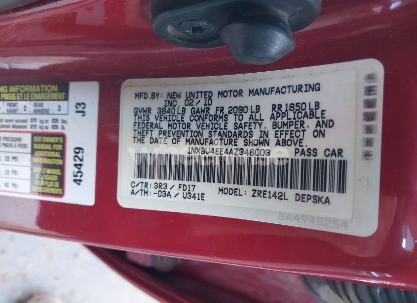 Photo 9 of 2010 Toyota Corolla S (VIN 1NXBU4EE4AZ346003)