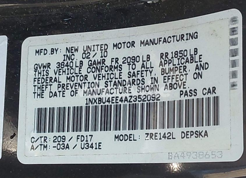 Photo 9 of 2010 Toyota Corolla S (VIN 1NXBU4EE4AZ352092)