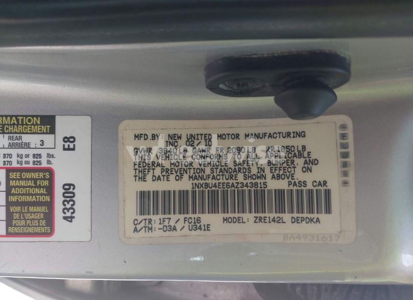 Photo 9 of 2010 Toyota Corolla LE (VIN 1NXBU4EE6AZ343815)