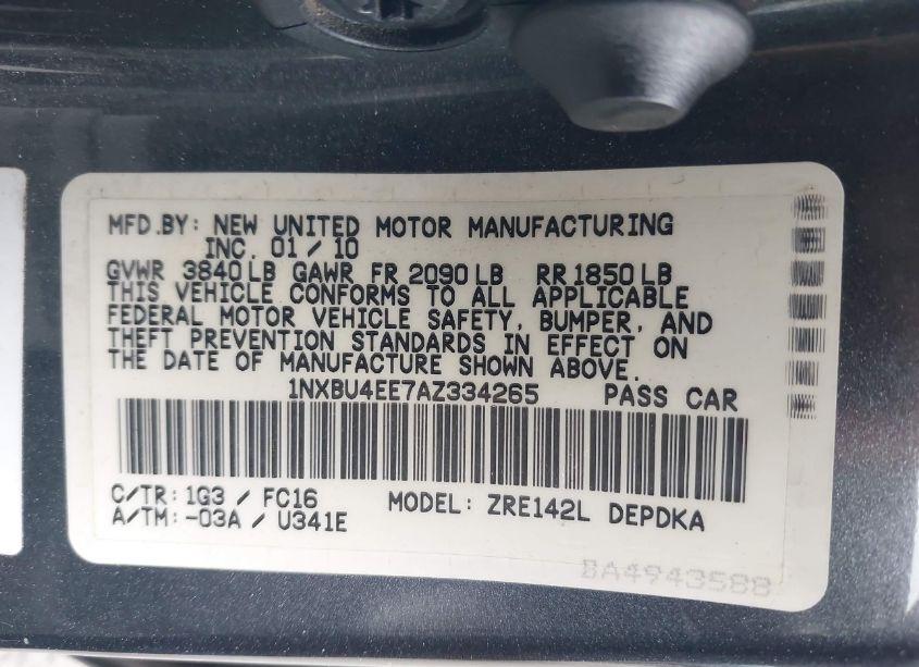 Photo 9 of 2010 Toyota Corolla LE (VIN 1NXBU4EE7AZ334265)