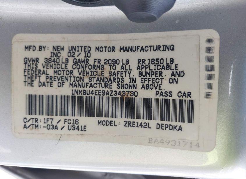 Photo 9 of 2010 Toyota Corolla LE (VIN 1NXBU4EE9AZ343730)