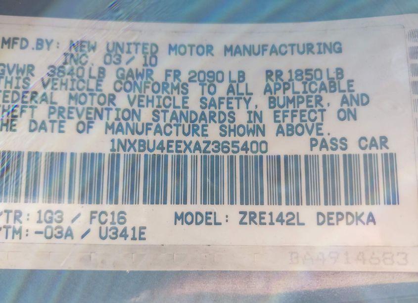 Photo 9 of 2010 Toyota Corolla LE (VIN 1NXBU4EEXAZ365400)