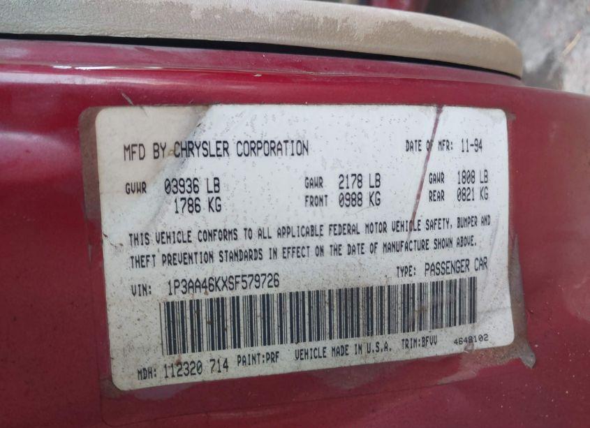 Photo 9 of 1995 Plymouth Acclaim (VIN 1P3AA46KXSF579726)