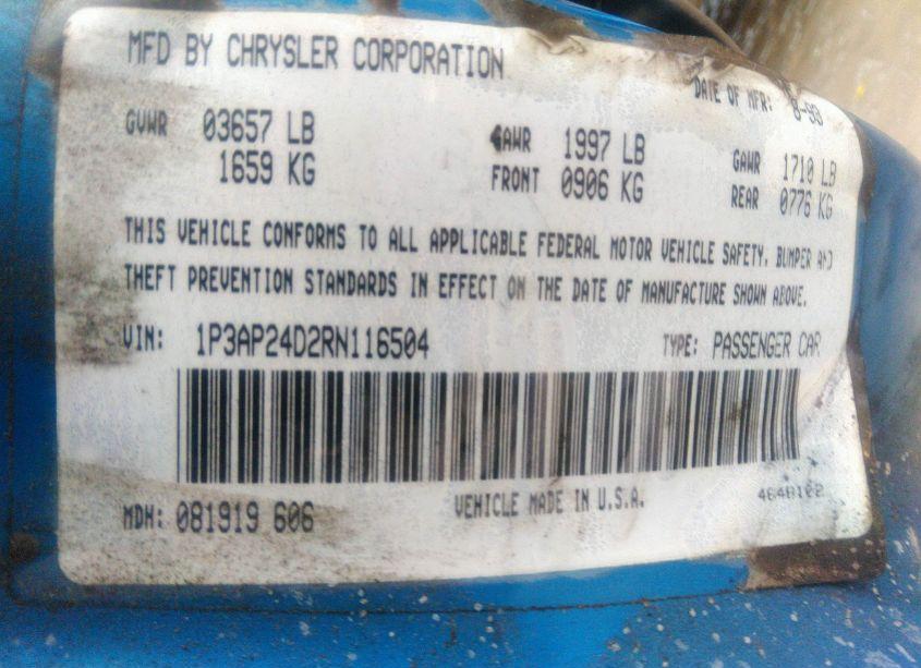 Photo 9 of 1994 Plymouth Sundance (VIN 1P3AP24D2RN116504)