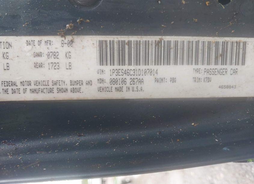 Photo 9 of 2001 Plymouth Neon HIGHLINE (VIN 1P3ES46C31D107014)