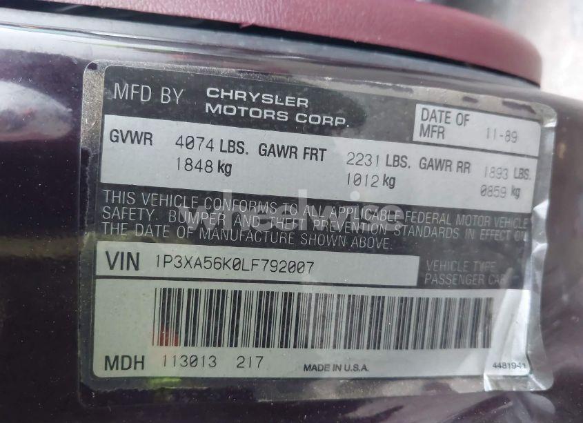 Photo 9 of 1990 Plymouth Acclaim LE (VIN 1P3XA56K0LF792007)