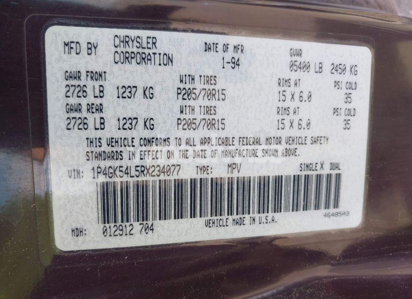 Photo 9 of 1994 Plymouth Grand VOYAGER LE (VIN 1P4GK54L5RX234077)