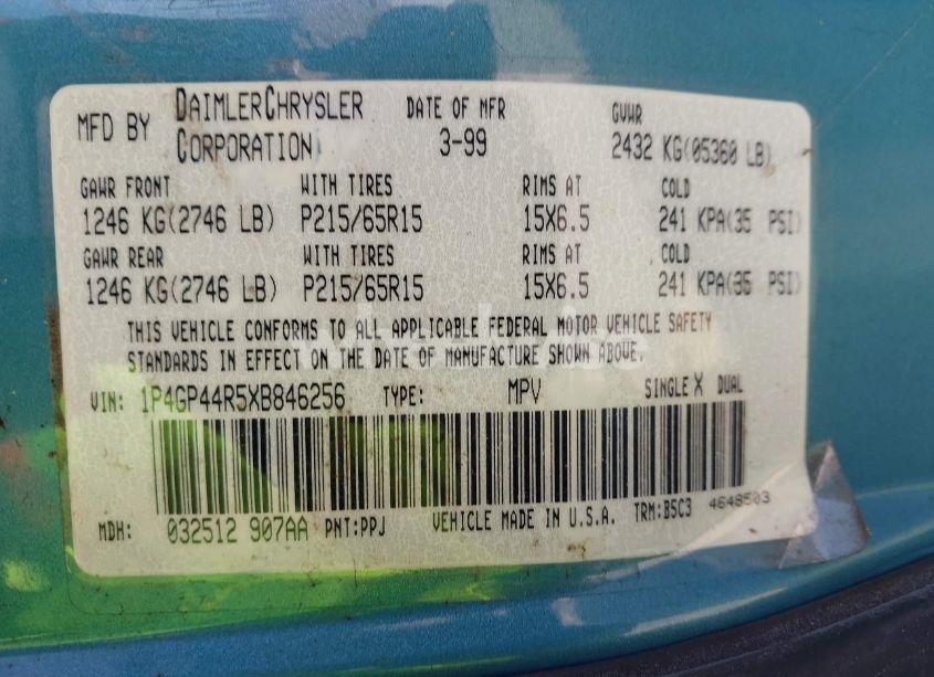 Photo 9 of 1999 Plymouth Grand VOYAGER SE (VIN 1P4GP44R5XB846256)