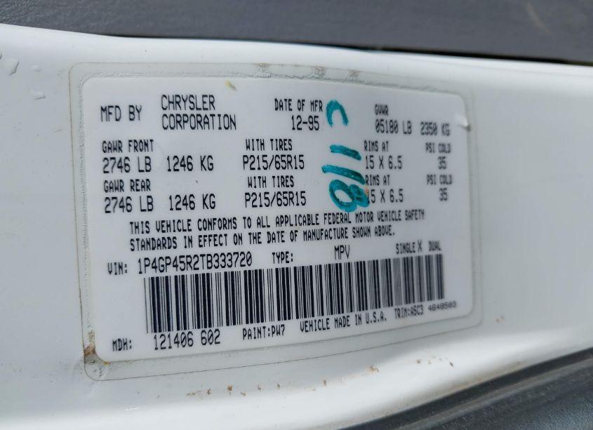 Photo 9 of 1996 Plymouth Voyager SE/RALLYE (VIN 1P4GP45R2TB333720)