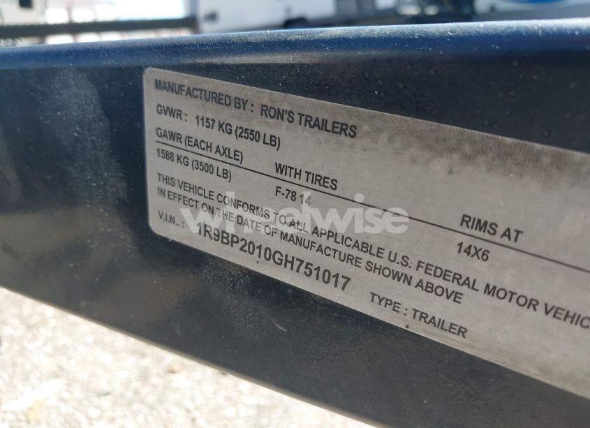 Photo 9 of 2016 Trailer Rons TRAILER PONTOON TRAILER (VIN 1R9BP2010GH751017)