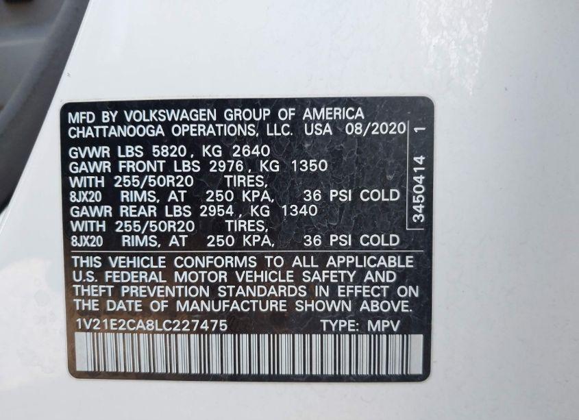 Photo 9 of 2020 Volkswagen Atlas CROSS SPORT 3.6L V6 SE W/TECHNOLOGY/3.6L V6 SE W/TECHNOLOGY R-LINE (VIN 1V21E2CA8LC227475)