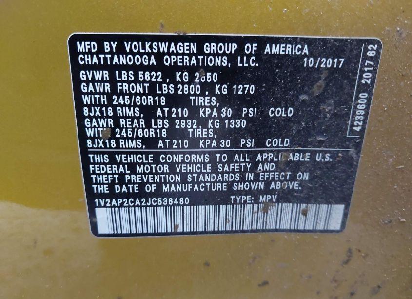 Photo 9 of 2018 Volkswagen Atlas 2.0T S (VIN 1V2AP2CA2JC536480)
