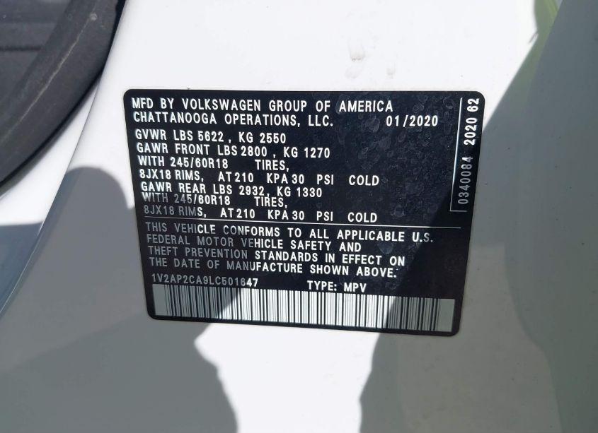 Photo 9 of 2020 Volkswagen Atlas 2.0T S (VIN 1V2AP2CA9LC501647)