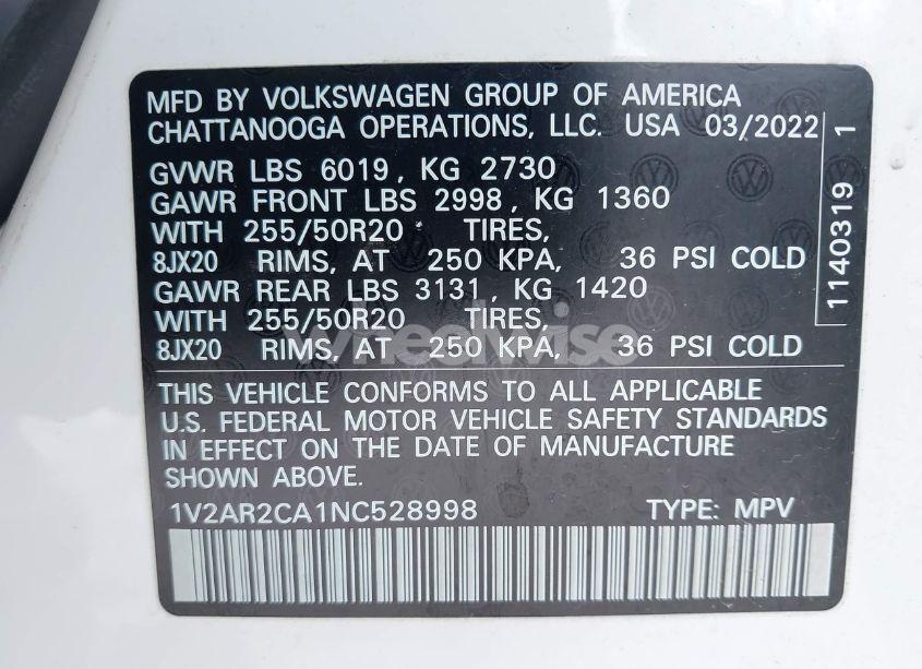 Photo 9 of 2022 Volkswagen Atlas 3.6L V6 SEL R-LINE (VIN 1V2AR2CA1NC528998)