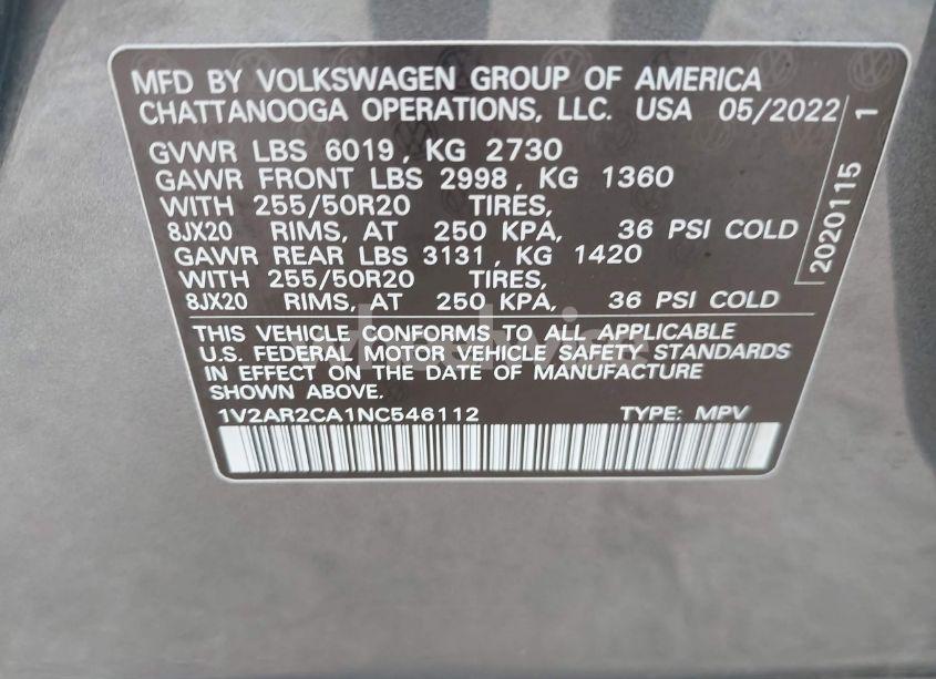 Photo 9 of 2022 Volkswagen Atlas 3.6L V6 SEL R-LINE (VIN 1V2AR2CA1NC546112)