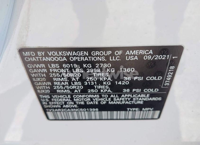 Photo 9 of 2022 Volkswagen Atlas 3.6L V6 SEL R-LINE (VIN 1V2AR2CA3NC501396)