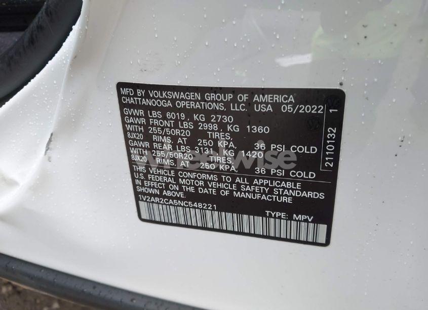 Photo 9 of 2022 Volkswagen Atlas 3.6L V6 SEL R-LINE (VIN 1V2AR2CA5NC548221)