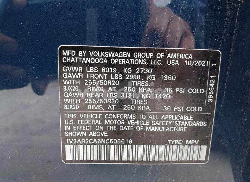 Photo 9 of 2022 Volkswagen Atlas 3.6L V6 SEL R-LINE (VIN 1V2AR2CA6NC505619)