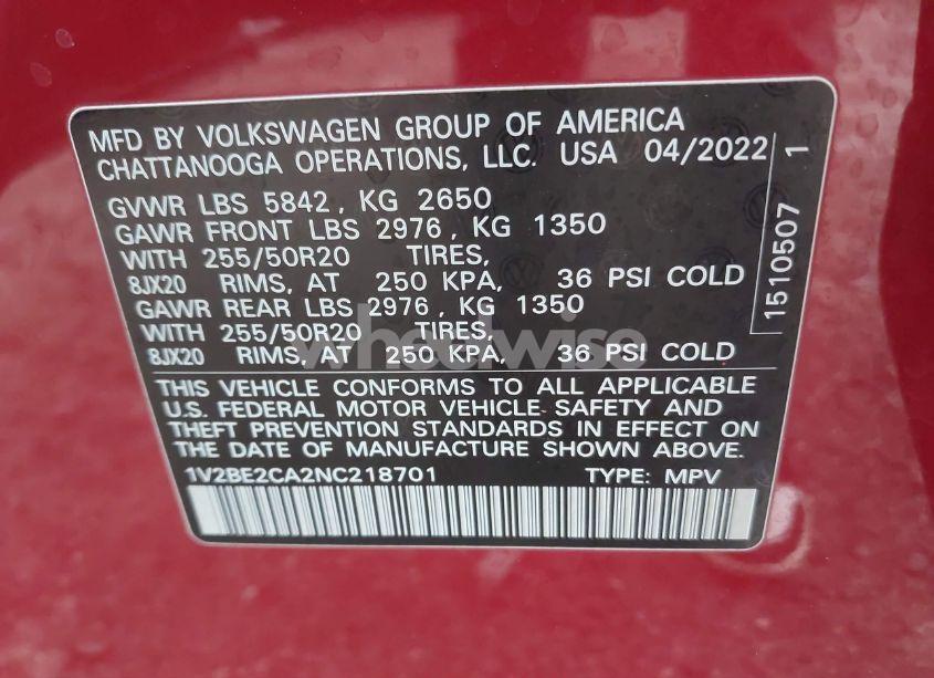 Photo 9 of 2022 Volkswagen Atlas CROSS SPORT 3.6L V6 SEL (VIN 1V2BE2CA2NC218701)