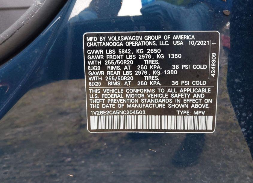 Photo 9 of 2022 Volkswagen Atlas CROSS SPORT 3.6L V6 SEL (VIN 1V2BE2CA5NC204503)