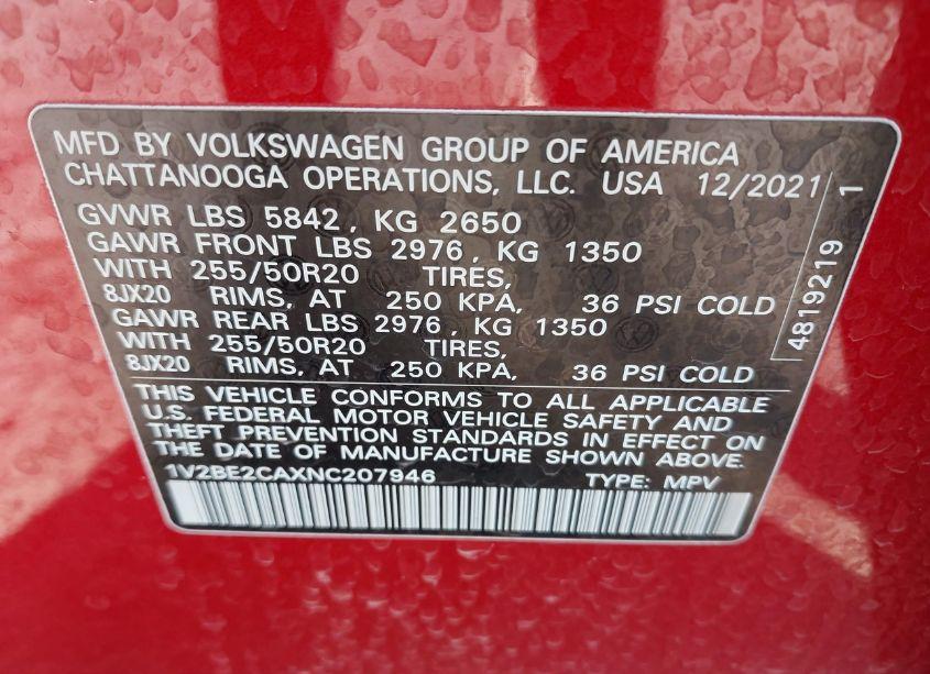 Photo 9 of 2022 Volkswagen Atlas CROSS SPORT 3.6L V6 SEL (VIN 1V2BE2CAXNC207946)
