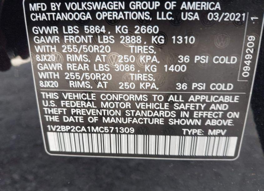 Photo 9 of 2021 Volkswagen Atlas 2.0T SEL (VIN 1V2BP2CA1MC571309)