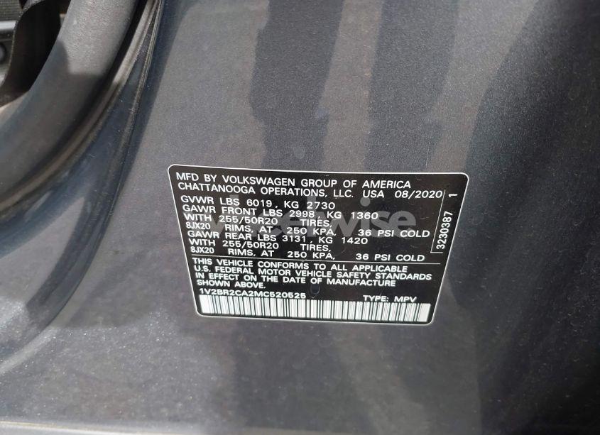 Photo 9 of 2021 Volkswagen Atlas 3.6L V6 SEL (VIN 1V2BR2CA2MC520525)