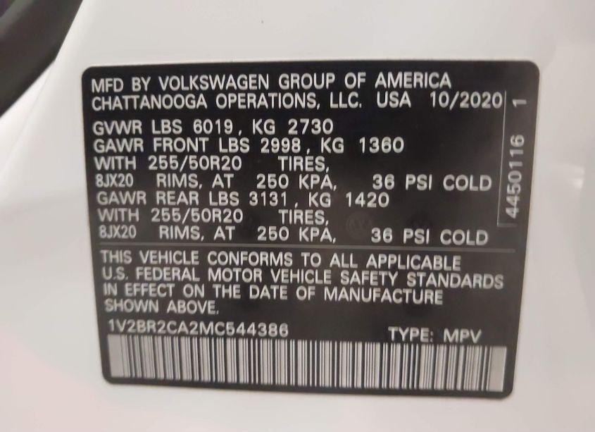 Photo 9 of 2021 Volkswagen Atlas 3.6L V6 SEL (VIN 1V2BR2CA2MC544386)