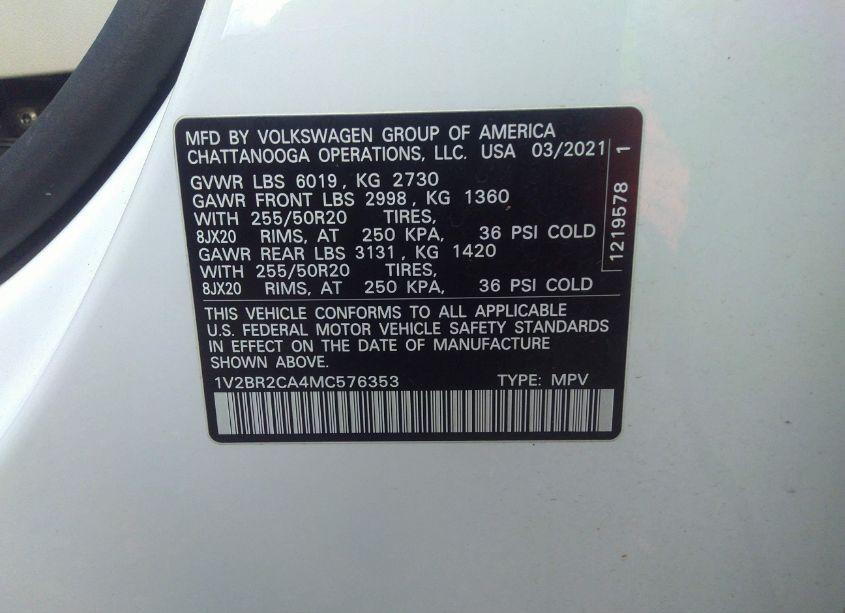 Photo 9 of 2021 Volkswagen Atlas 3.6L V6 SEL (VIN 1V2BR2CA4MC576353)