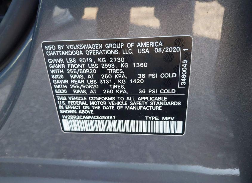 Photo 9 of 2021 Volkswagen Atlas 3.6L V6 SEL (VIN 1V2BR2CA8MC525387)
