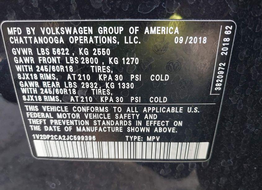 Photo 9 of 2018 Volkswagen Atlas 2.0T SE/2.0T SE W/TECHNOLOGY (VIN 1V2DP2CA2JC599396)