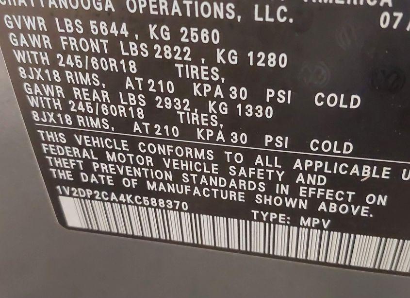 Photo 9 of 2019 Volkswagen Atlas 2.0T SE (VIN 1V2DP2CA4KC588370)