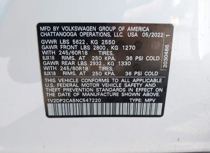 Photo 9 of 2022 Volkswagen Atlas 2.0T SE (VIN 1V2DP2CA5NC547220)