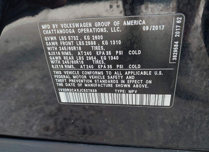 Photo 9 of 2018 Volkswagen Atlas 3.6L V6 SE/3.6L V6 SE W/TECHNOLOGY (VIN 1V2DR2CAXJC527839)