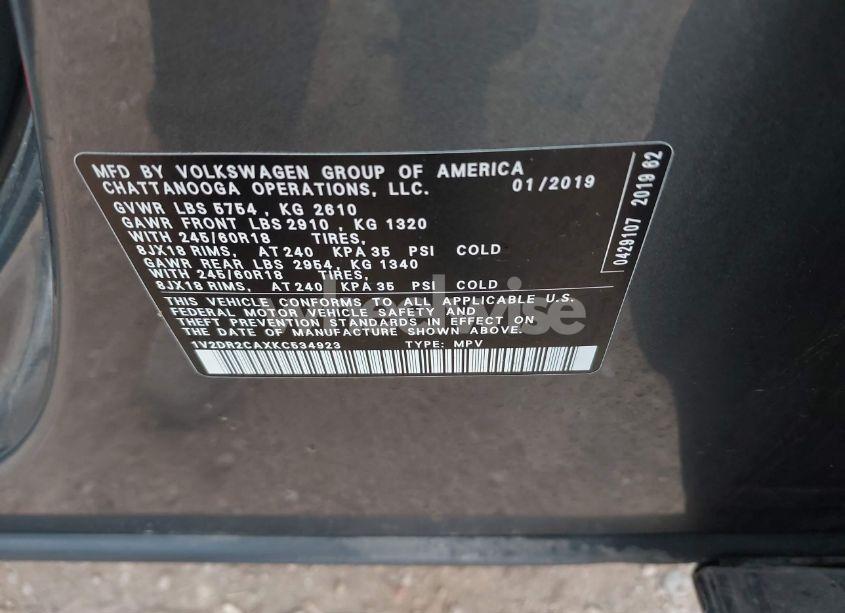 Photo 9 of 2019 Volkswagen Atlas 3.6L V6 SE (VIN 1V2DR2CAXKC534923)