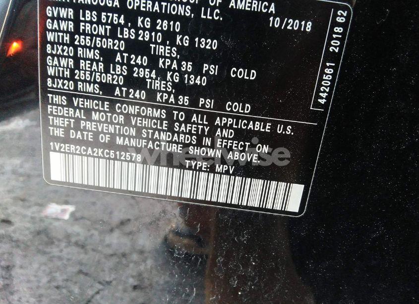 Photo 9 of 2019 Volkswagen Atlas 3.6L V6 SEL (VIN 1V2ER2CA2KC512578)