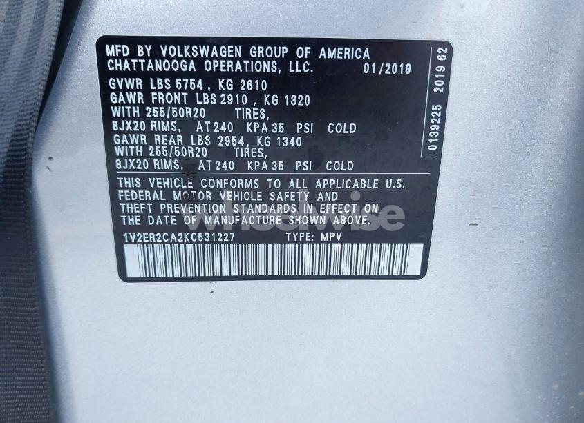 Photo 9 of 2019 Volkswagen Atlas 3.6L V6 SEL (VIN 1V2ER2CA2KC531227)
