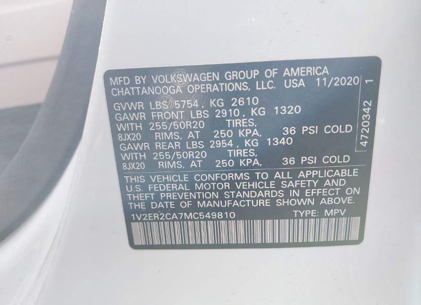 Photo 9 of 2021 Volkswagen Atlas 3.6L V6 SEL (VIN 1V2ER2CA7MC549810)