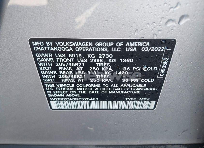 Photo 9 of 2022 Volkswagen Atlas 3.6L V6 SEL PREMIUM R-LINE (VIN 1V2FR2CA0NC525483)