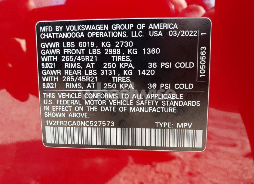 Photo 9 of 2022 Volkswagen Atlas 3.6L V6 SEL PREMIUM R-LINE (VIN 1V2FR2CA0NC527573)